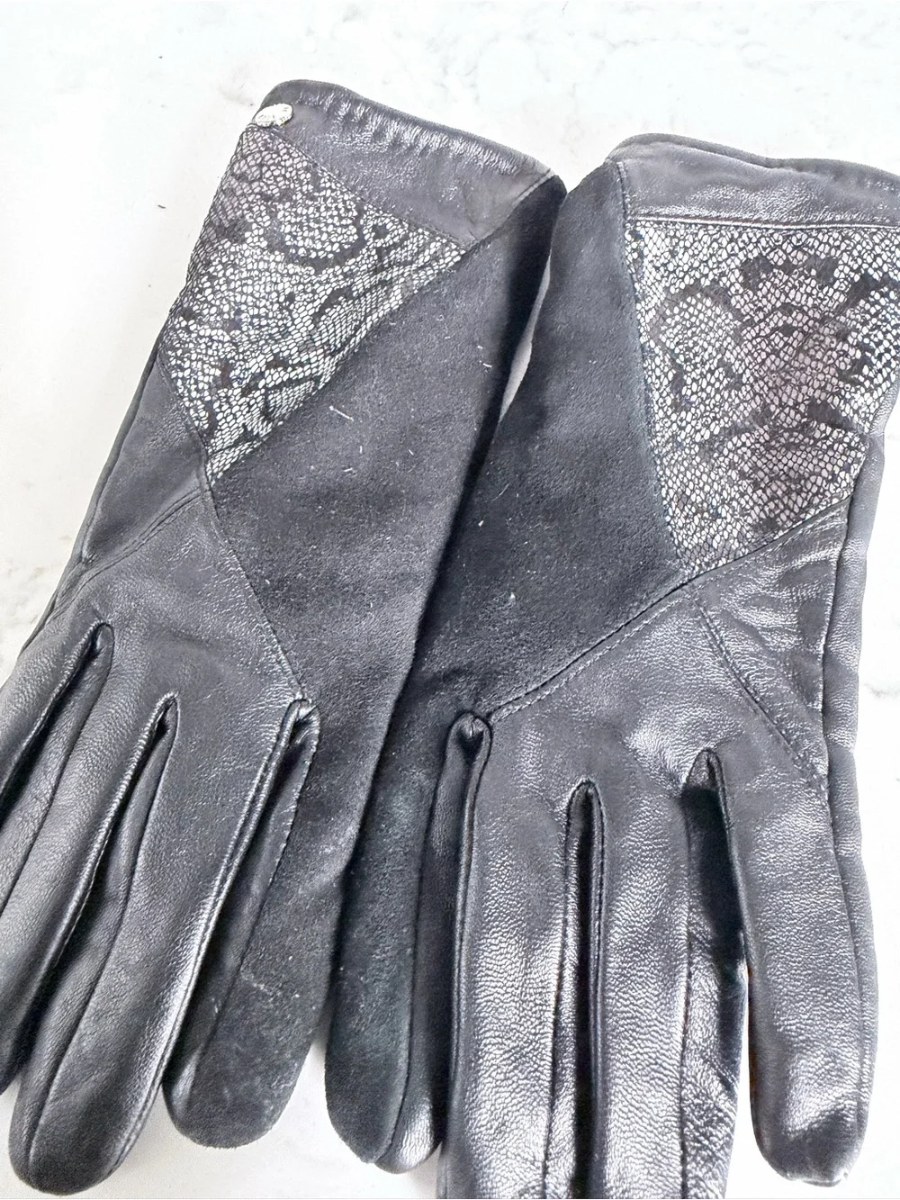Leather and Suede Reptile-Accent Gloves - Black